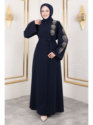 Lacivert Çiçek Desenli Boncuk İşlemeli Ferace