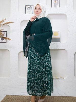 Yeşil Eteği Desenli Elbise