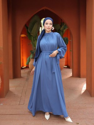 Mavi Büzgü Yaka Kurdelalı Elbise