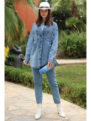 Buz Mavi Taş Detaylı İkili Takım