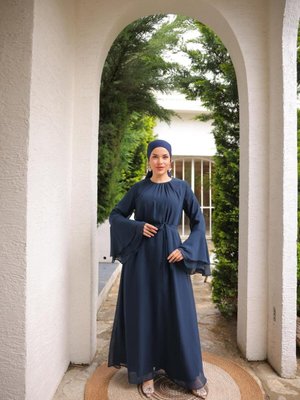 Lacivert Astarlı Şifon Abiye Elbise