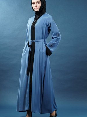 İndigo Taş İşlemeli Fermuarlı Abaya İndigo Taş İşlemeli Fermuarlı Abaya