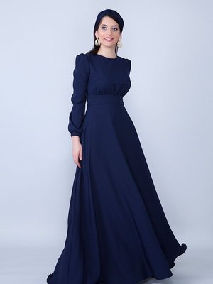 Lacivert Uzun Yuvarlak Yaka Kol Dokuma Kumaş Beli Büzgülü Kuşaklı Abiye Elbise Lacivert Uzun Yuvarlak Yaka Kol Dokuma Kumaş Beli Büzgülü Kuşaklı Abiye Elbise