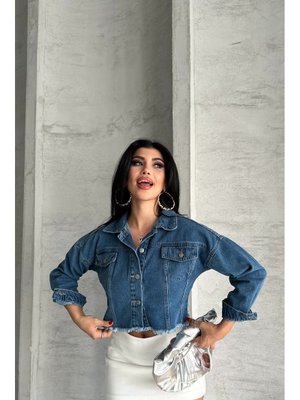 Mavi Çift Kapaklı Lazer Kesim Crop Kot Ceket