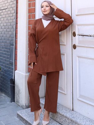 Kahverengi Bağlama Detaylı Kimono İkili Takım