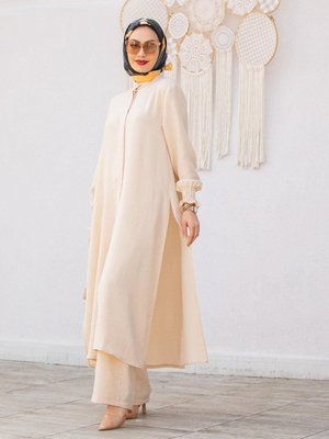 Bej Keten Uzun Tunikli Pantolonlu İkili Takım