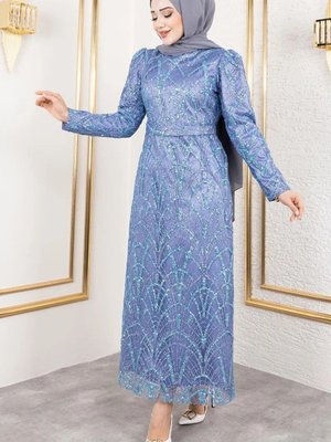 İndigo Afilli Simli Kalem Abiye Elbise İndigo Afilli Simli Kalem Abiye Elbise