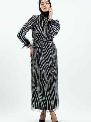 Siyah Simli Tüy Detaylı Abiye Elbise Siyah Simli Tüy Detaylı Abiye Elbise