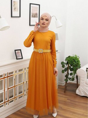 Hardal Bisiklet Yaka Puantiyeli Elbise