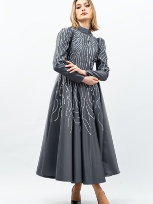 Gri Taş Detaylı Prenses Model Abiye Elbise Gri Taş Detaylı Prenses Model Abiye Elbise