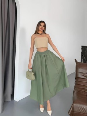 Açık Yeşil Uzun Paraşüt Kumaş Bol Kesim Etek