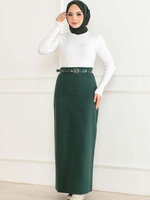 Zümrüt Yeşili Uzun Kemerli Kaşe Kalem Etek