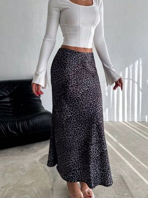 Gri Uzun Saten Leopar Desenli Beli Lastikli Etek
