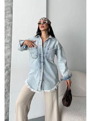 Buz Mavisi Kot Gömlek Yakalı Eteği Püsküllü Denim Ceket