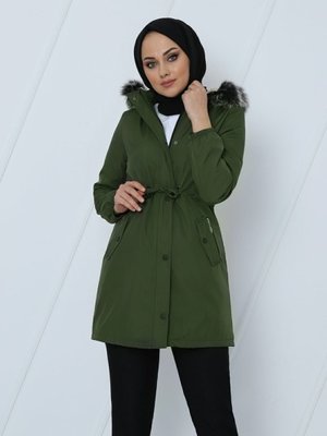 Haki Çıkma Kapüşonlu Kolu Lastikli Cepli Kısa Kaban