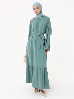 Çağla Kolları Volan Detaylı Kuşaklı Elbise