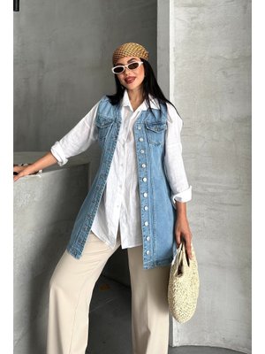 Mavi Tunik Uzun Düğmeli İki Cepli Kot Yelek