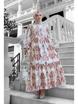 Kahverengi Bohem Desenli Viskon Elbise