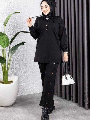 Siyah Pantolonu Çıtçıt Detaylı Spor İkili Takım