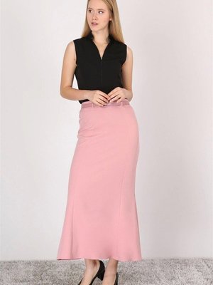 Pudra Uzun Kemer Detaylı Yüksek Bel Parçalı Etek Pudra Uzun Kemer Detaylı Yüksek Bel Parçalı Etek