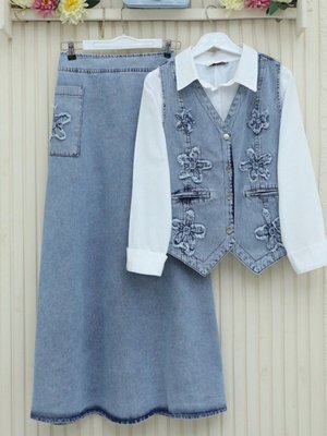 Buz Mavi Desenli Etek Beli Lastikli Yelek Kot İkili Takım