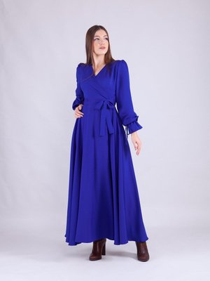 Sax Mavi Kruvaze Yaka Uzun Kol Elbise