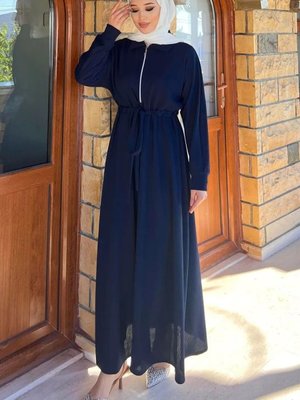 Lacivert Fitilli Örme Kumaş Fermuar Detaylı Elbise