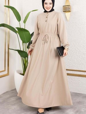 Bej Büzgülü Elbise
