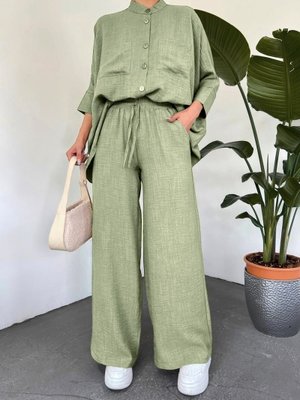 Haki Çift Cepli Yarım Yarasa Kol Salaş Gömlek Takım