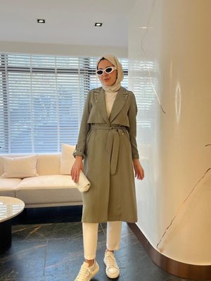 Haki Taş İşlemeli Astarsız Cupra Trenchkot