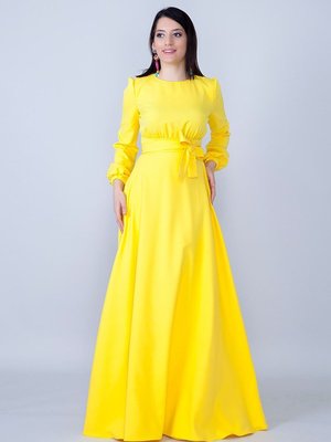 Sarı Yuvarlak Yaka Uzun Kol Dokuma Kumaş Beli Büzgülü Kuşaklı Cepli Abiye Elbise