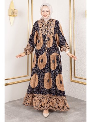 Lacivert Varak Desenli Viskon Elbise