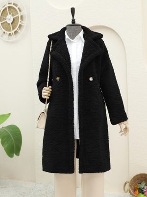 Siyah Çift Düğmeli Astarlı Yan Cepli Peluş Kaban