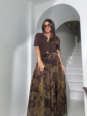 Acı Kahve Uzun Şifon Drapeli Simli Yansımalı Etek