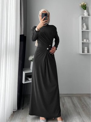 Siyah Sandy Kumaş Düğmeli Elbise