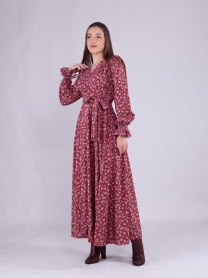 Açık Bordo Uzun Çiçek Desenli Kadife Kruvaze Yaka Kol Elbise