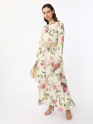 Çiçek Baskılı Eteği Katlı Şifon Elbise Cok Renkli