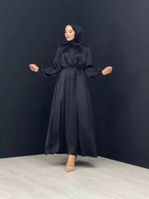 Siyah Biye Kemerli Balon Kol Saten Abiye Elbise