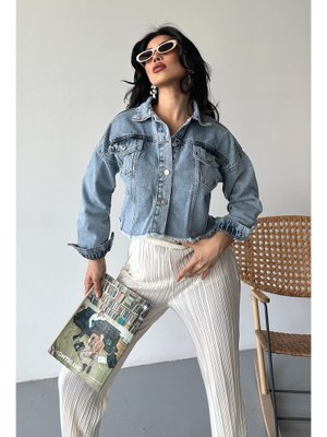 Çift Kapaklı Lazer Kesim Crop Kot Ceket Buz Mavi