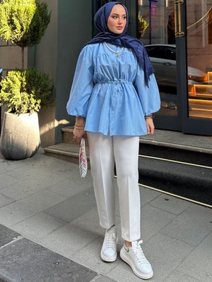 Mavi Robadan Büzgü Detaylı Balon Kol Gömlek