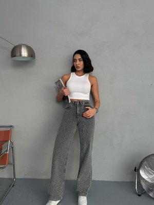 Gri Punch Tasarım Wide Leg Jean Pantolon