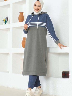 Gri Şeritli Yırtmaçlı Spor İkili Takım