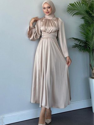 Taş Rengi Kuşak Detaylı Saten Abiye Elbise