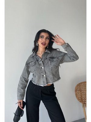 Füme Çift Kapaklı Lazer Kesim Crop Kot Ceket