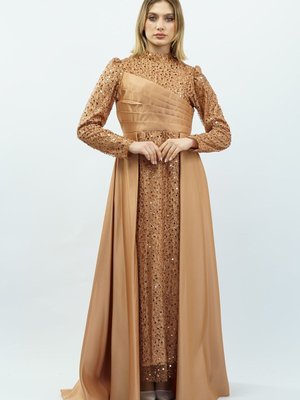 Gold Payetli Drapeli Saten Abiye Elbise Gold Payetli Drapeli Saten Abiye Elbise
