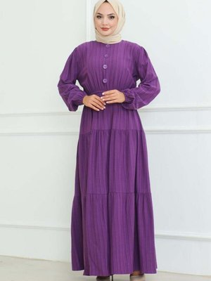 Mor Düğme Detaylı Kırınkıl Elbise