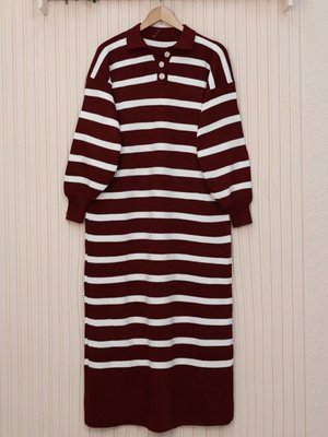 Bordo Polo Yaka Düğmeli Triko Elbise Bordo Polo Yaka Düğmeli Triko Elbise