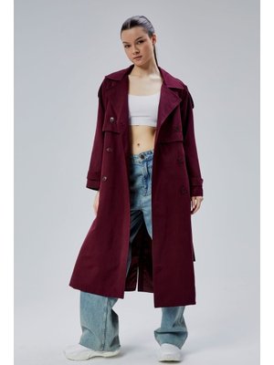 Oversize Kruvaze Kapama Rüzgarlık Detaylı Trençkot Bordo