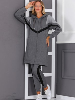 Füme Garnili Fermuarlı Kapüşonlu Eşofman Takım