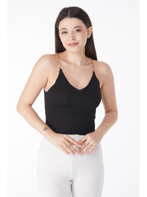 Siyah Sıyah Zincirli Triko Crop Siyah Sıyah Zincirli Triko Crop
